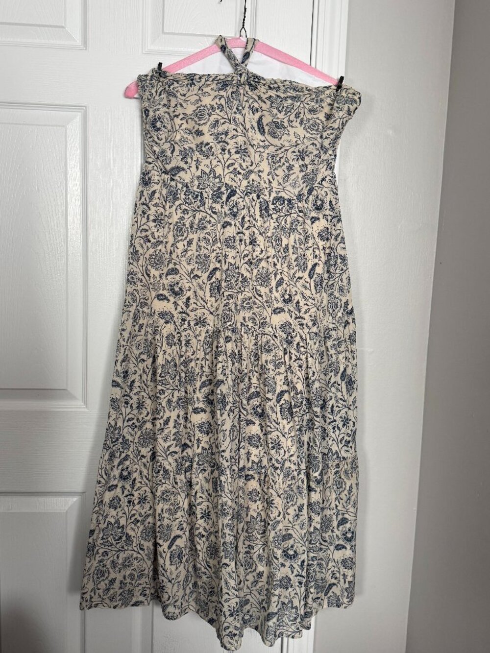 Navy Floral Halter Smocked Midi Dress Boho Cottage L-XL